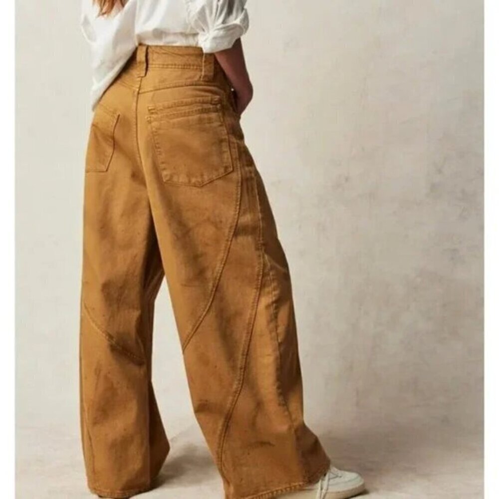 Free People Chill Vibes Scout Tan Dropped Wide Leg Jeans - Picture 2 of 2